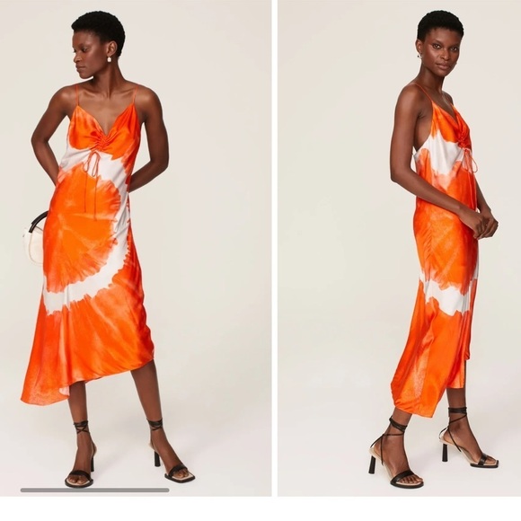 NEW All Saints Alexia Mariana Silk Blend Tie Dye Midi Dress Orange 🍊 - Picture 1 of 16